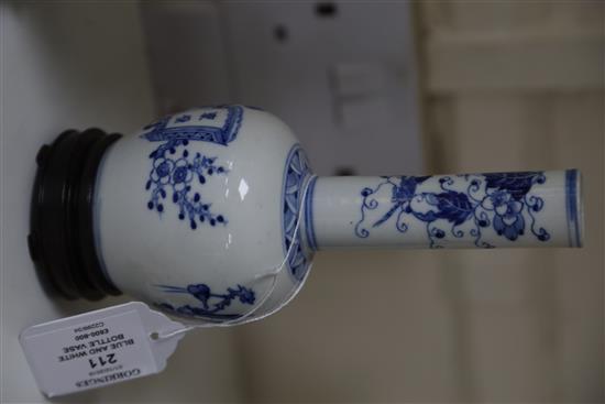 A Chinese blue and white bottle vase, PLEASE NOTE Republic period NOT Kangxi, H. 17.2cm, wood stand